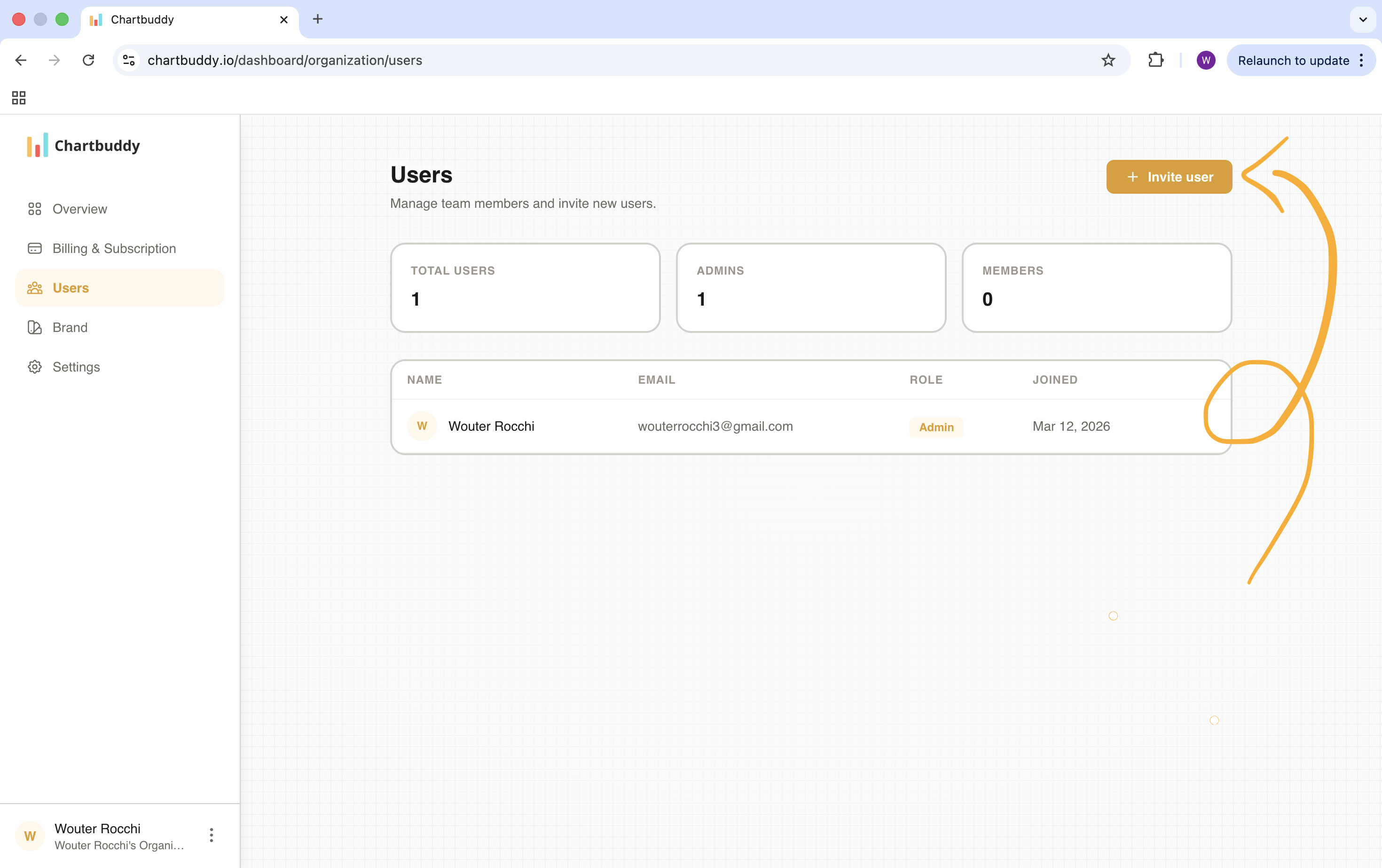 Users section in the Chartbuddy dashboard